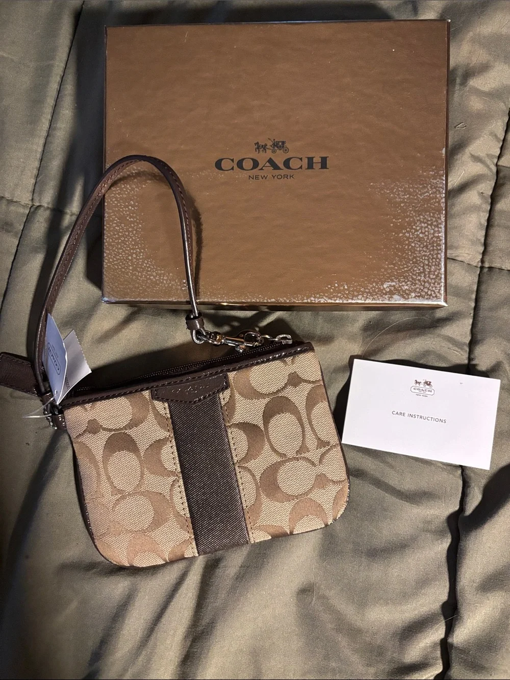Coach Tan/Brown Signature Canvas Wristlet with Leather Strap